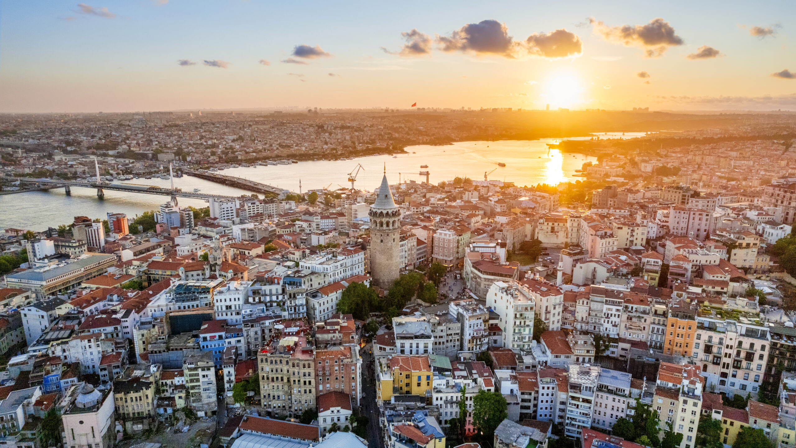 aerial drone view of istanbul at sunset, turkey